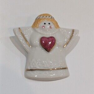Vintage Ceramic Angel Pin Brooch, Holding Heart